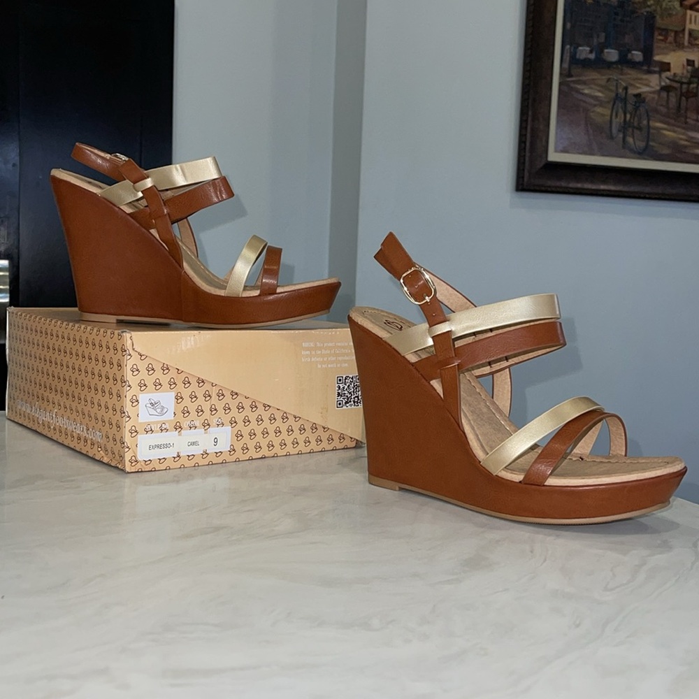 New!! ✨ Women’s “DbDk Fashion” Brown/Gold Ankle Strap Wedges 👡- Size 8.5 & 9
